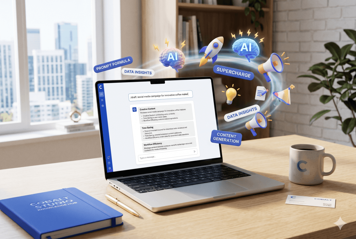An illustration of an open laptop with AI cards floating around it